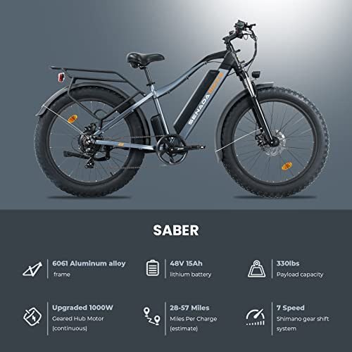 SENADA Saber Electric Bike for Adults, 48V 15Ah Battery 1000W Fat Tire Electric Bike Snow Beach Ebike