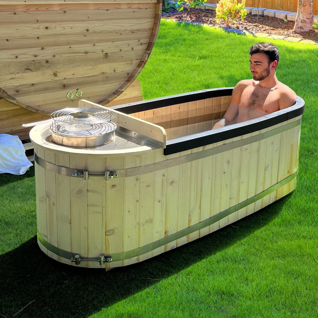 Aleko Natural Pine Wood Hot Tub 2 Persons 132 Gallons With Charcoal Stove